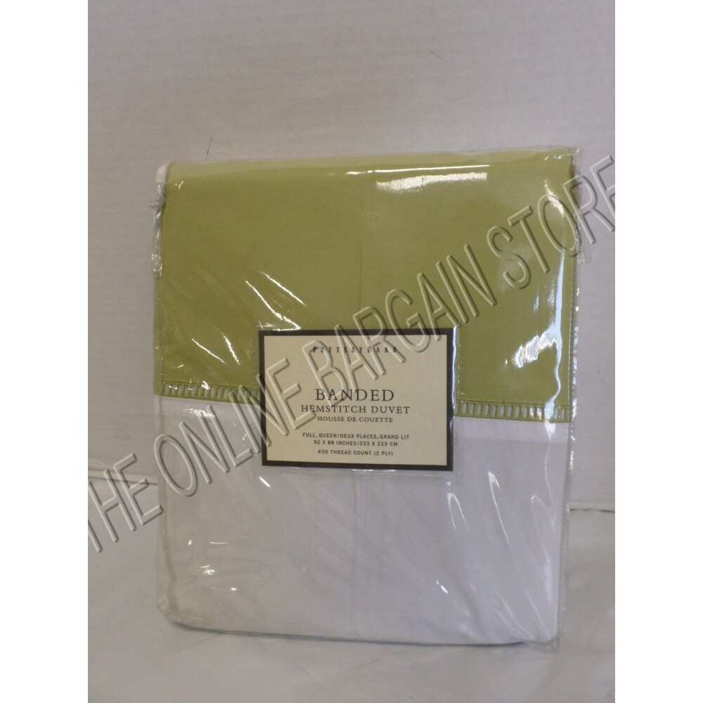 Pottery Barn Banded Hemstitch Bed Duvet Cover Full Queen FQ Green 400 TC
